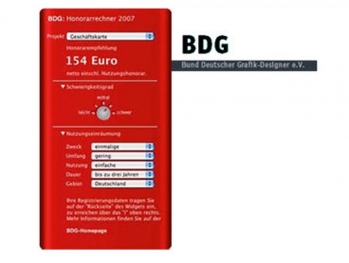 Berlin (Germany) - The BDG, Bund Deutscher Grafik-Designer, is making fee calculation easier for communication designers. The new Widget, BDG Honorarrechner, enables designers to calculate estimates with a few simple clicks.